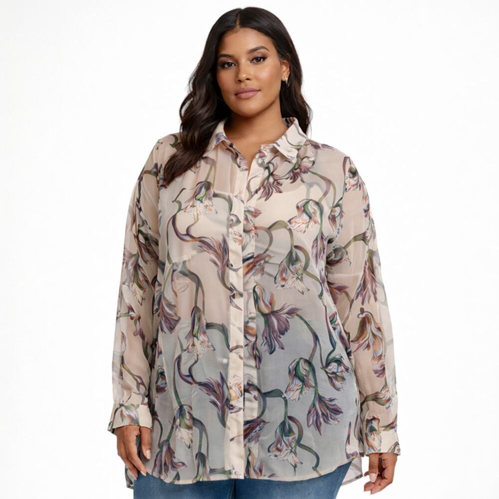 PrettyLittleThing Plus Sheer Floral Oversized Shirt Blouse US 18